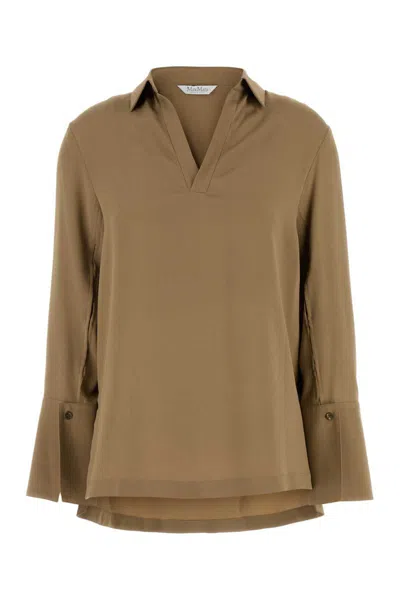 Max Mara Layered Hem V-neckline Pleated Back Blouse In Brown