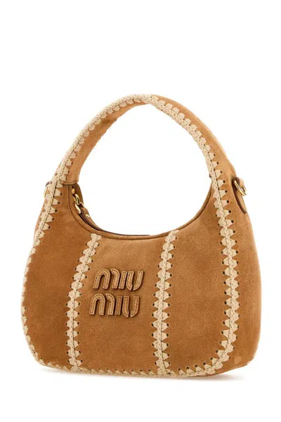 Miu Miu Wander Crochet-trimmed Suede Shoulder Bag In Brown