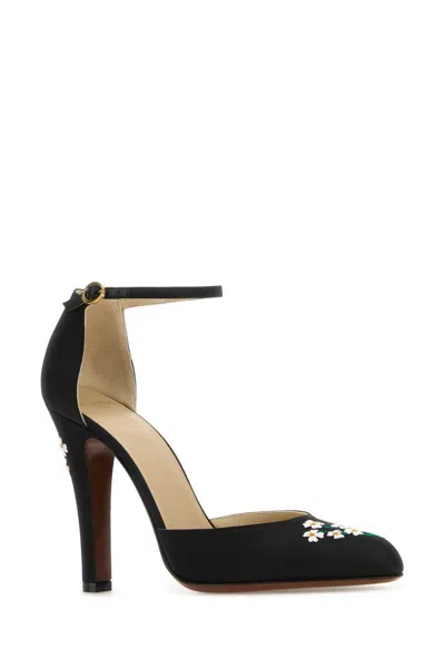 Valentino Floral Embroidered Round Toe Ankle Strap Pumps In Black