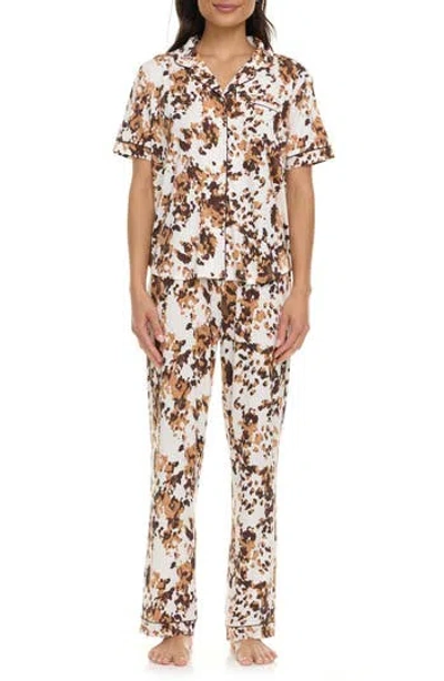 Flora By Flora Nikrooz Gabriella Short Sleeve Button-up Shirt & Pants Pajamas In Brown