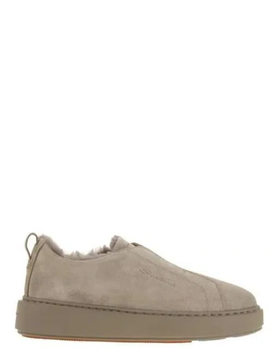 Santoni Slip-on Suede Sneakers With Fur In Gray