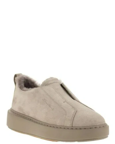 Santoni Slip-on Suede Sneakers With Fur In Gray