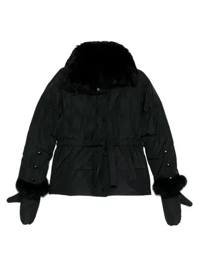 Yves Salomon Doudoune Short Down Jacket With Fur Inserts And Belt Clothing In Black