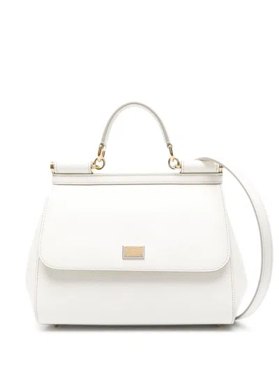 Dolce & Gabbana Large Sicily Hammered Leather Top Handle Bag In White