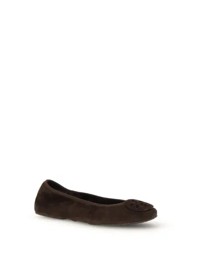 Tory Burch Suede Ballet Flats With Logo Embellishment In Brown