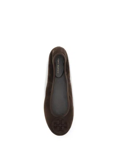 Tory Burch Suede Ballet Flats With Logo Embellishment In Brown