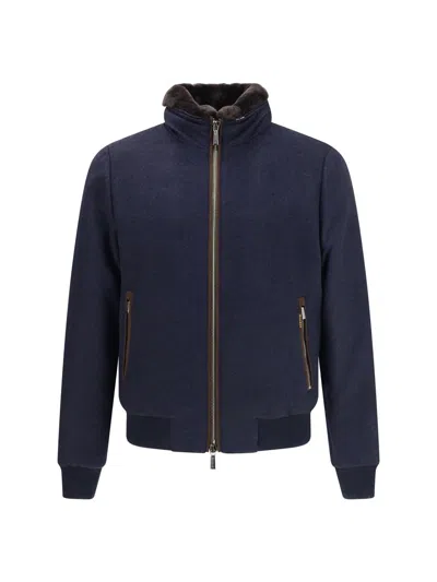 Moorer Padded Fleece Zip-up Jacket With Detachable Faux-fur Collar In Blue
