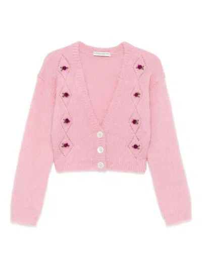 Alessandra Rich Mohair Embroidered Cropped Cardigan In Pink