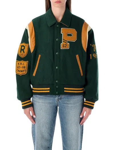 Polo Ralph Lauren Wool Blend Bomber Jacket Featuring Patches In Green