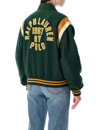 Polo Ralph Lauren Wool Blend Bomber Jacket Featuring Patches In Green