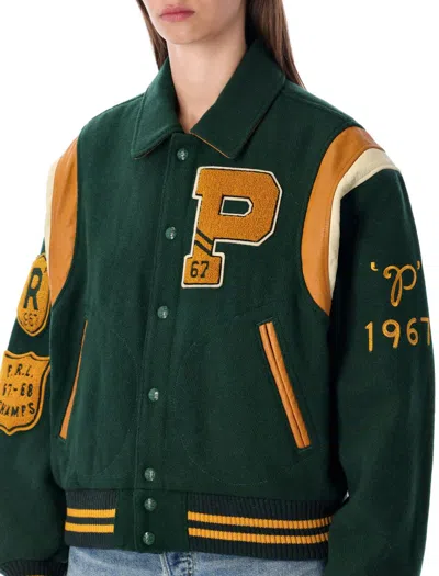 Polo Ralph Lauren Wool Blend Bomber Jacket Featuring Patches In Green