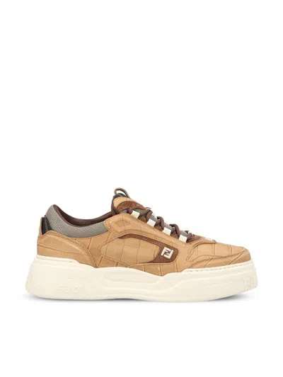 Fendi Crocodile-print Leather Force Sneakers Shoes In Multi