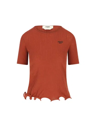 Fendi Logo Embroidered Ruffled-hem Ribbed Top In Brown