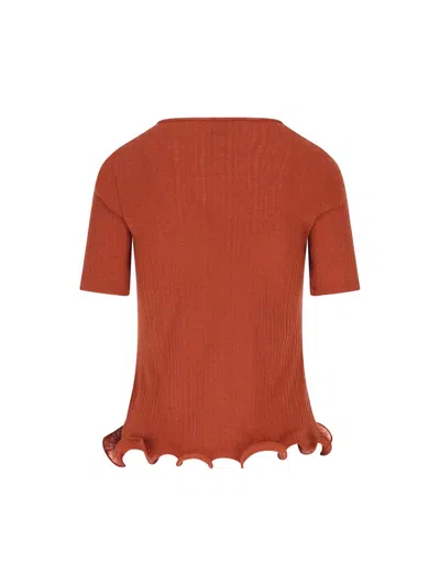 Fendi Logo Embroidered Ruffled-hem Ribbed Top In Brown