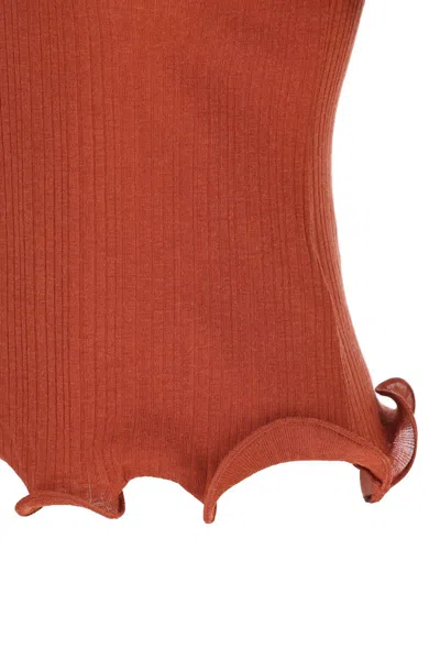 Fendi Logo Embroidered Ruffled-hem Ribbed Top In Brown