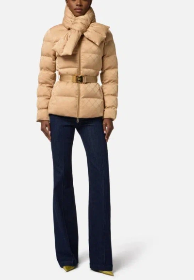 Elisabetta Franchi Piumino In Tessuto Vela Jacquard Con Cintura Honey In Brown