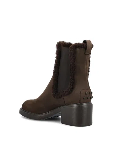 Tod's Suede Block Heel Ankle Booties In Brown