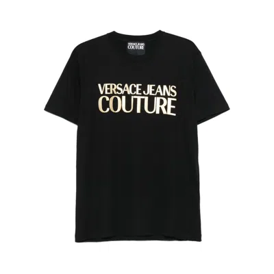 Versace Jeans Couture Cotton T-shirt With Metallic Gold Logo In Black