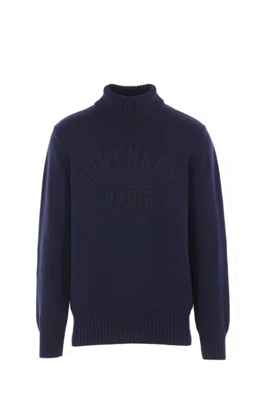 Givenchy Blue Turtleneck Sweater With Logo Lettering On The Front In Wool Man In Blue