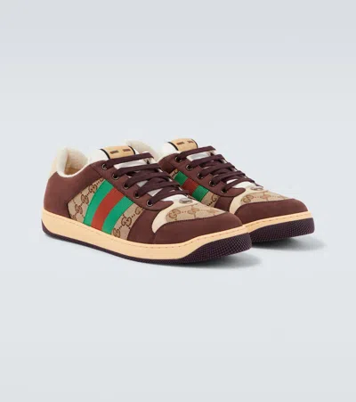 Gucci Leather And Gg Sneakers With Side Stripes In White