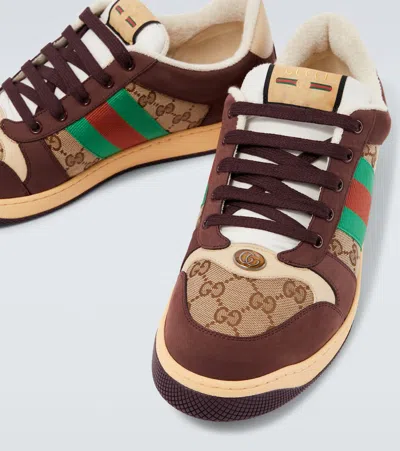 Gucci Leather And Gg Sneakers With Side Stripes In White