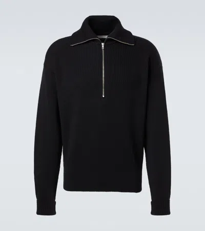 Lemaire Half Zip Sweater In Ribbed Virgin Wool In Black