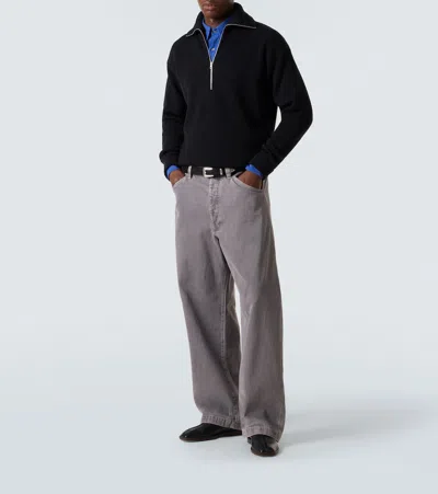 Lemaire Half Zip Sweater In Ribbed Virgin Wool In Black