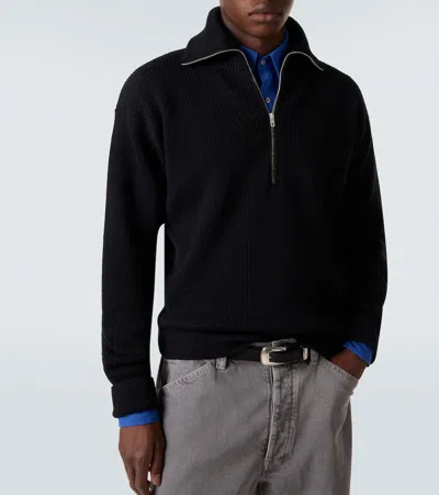 Lemaire Half Zip Sweater In Ribbed Virgin Wool In Black