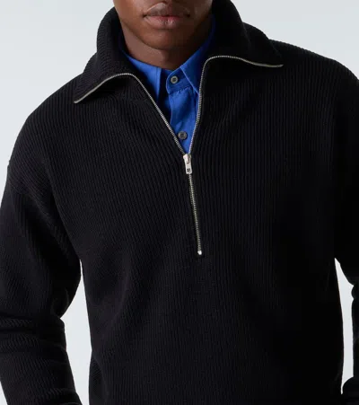 Lemaire Half Zip Sweater In Ribbed Virgin Wool In Black
