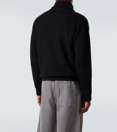 Lemaire Half Zip Sweater In Ribbed Virgin Wool In Black