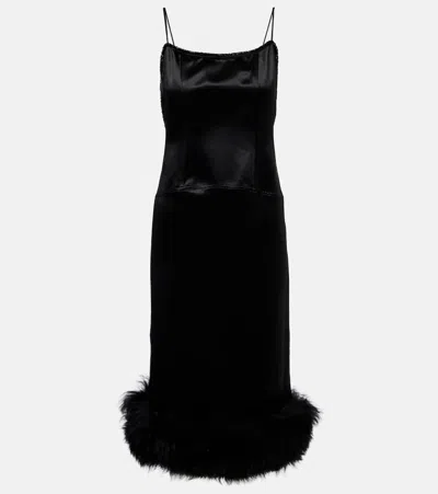 Jacques Wei Shearling-trimmed Satin Slip Dress In Black
