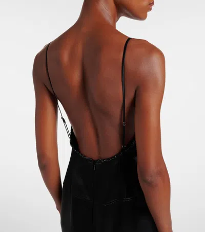 Jacques Wei Shearling-trimmed Satin Slip Dress In Black