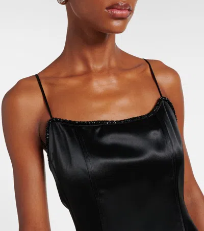 Jacques Wei Shearling-trimmed Satin Slip Dress In Black