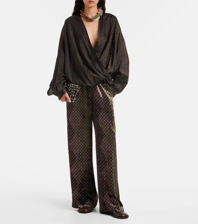 Dries Van Noten Printed Wide-leg Satin Trousers In Green