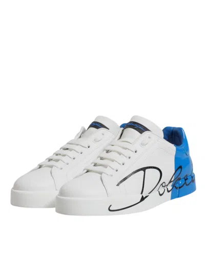 Pre-owned Dolce & Gabbana White Blue Leather Logo Low Top Sneakers Men's Shoes () In Multi