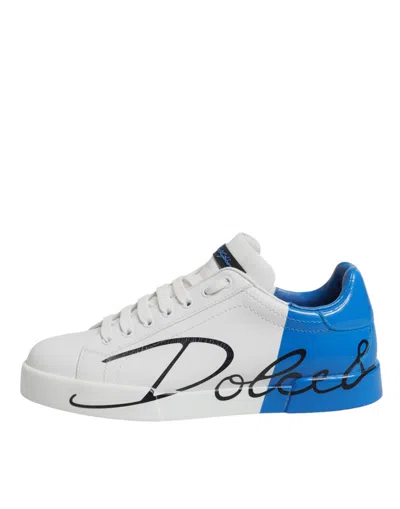 Pre-owned Dolce & Gabbana White Blue Leather Logo Low Top Sneakers Men's Shoes () In Multi