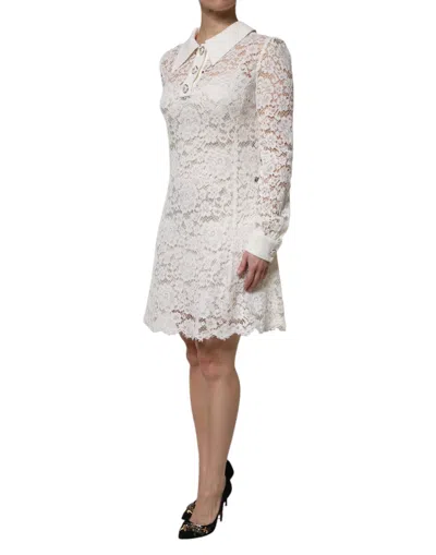 Pre-owned Dolce & Gabbana White Floral Lace Long Sleeves A-line Women's Dress ()