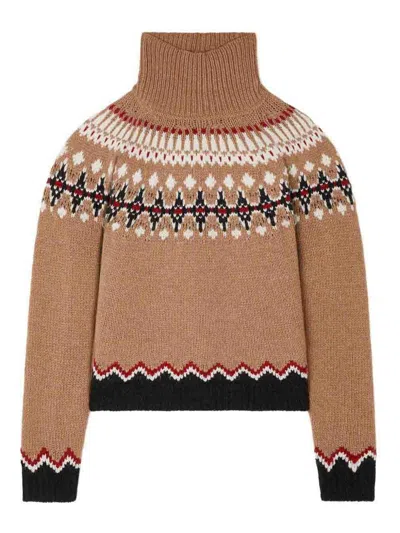 Alanui Patterned Camel Turtleneck Sweater With Geometric And Floral Motifs In Brown