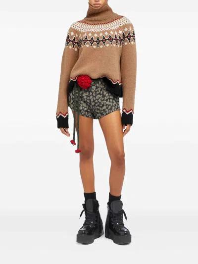 Alanui Patterned Camel Turtleneck Sweater With Geometric And Floral Motifs In Brown