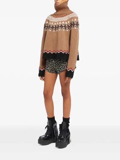 Alanui Patterned Camel Turtleneck Sweater With Geometric And Floral Motifs In Brown