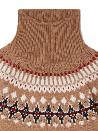 Alanui Patterned Camel Turtleneck Sweater With Geometric And Floral Motifs In Brown