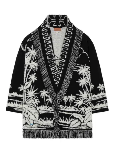 Alanui Black Cardigan With Tropical Pattern And Fringes In Black