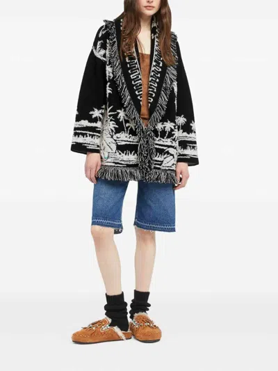 Alanui Black Cardigan With Tropical Pattern And Fringes In Black