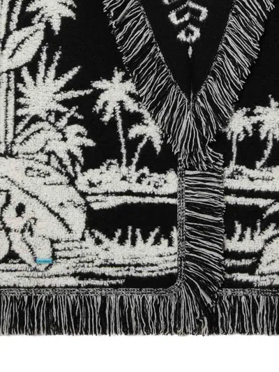 Alanui Black Cardigan With Tropical Pattern And Fringes In Black