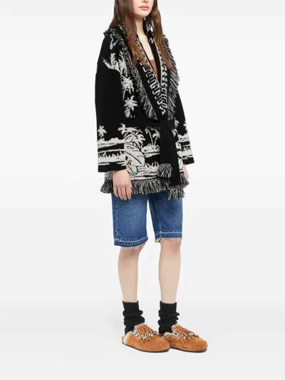 Alanui Black Cardigan With Tropical Pattern And Fringes In Black