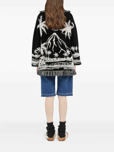 Alanui Black Cardigan With Tropical Pattern And Fringes In Black