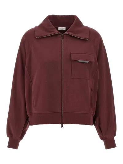 Brunello Cucinelli Collared Neck Sweatshirt With Shiny Flap Detail In Red