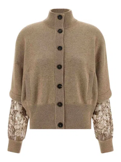 Brunello Cucinelli Sequin Sleeve Cardigan Sweaters And Cardigans Beige In Brown