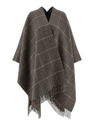 Brunello Cucinelli Reversible Poncho With Fringe And Plaid In Brown
