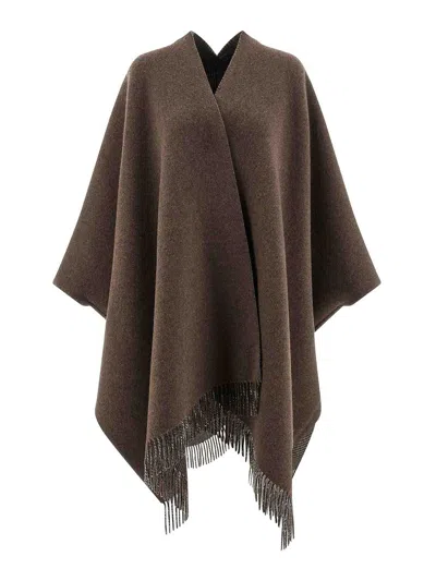 Brunello Cucinelli Reversible Poncho With Fringe And Plaid In Brown